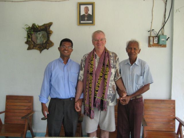 Palms Australia volunteer Peter De Haas with Fr Sipri and Fr Estanis in Timor-Leste