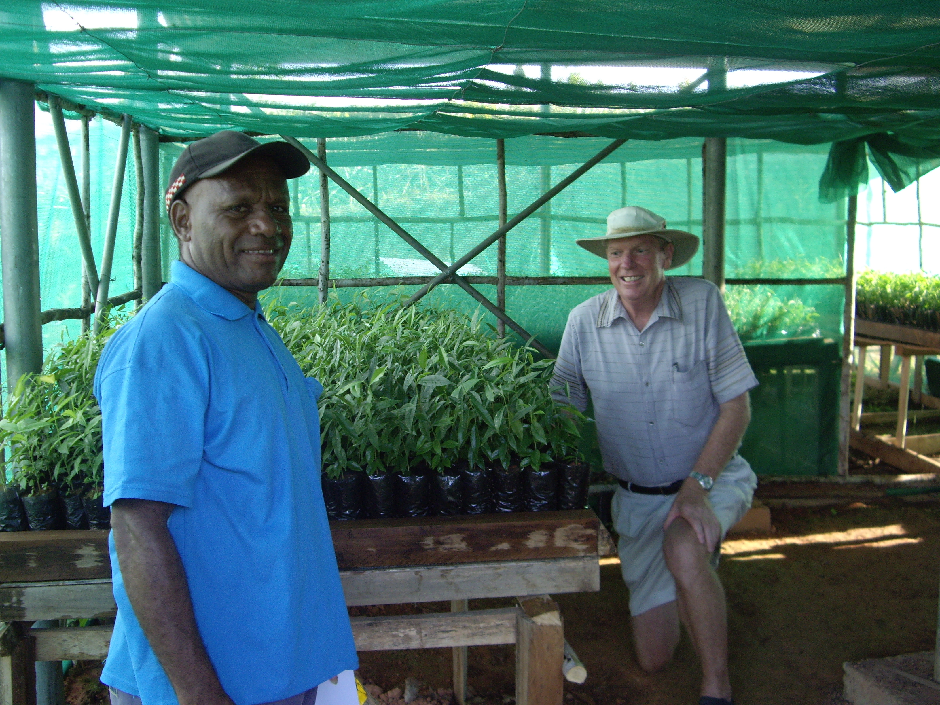 Mark and John at Emmaus Farm in Papua New Guinea with their income generating Eaglewood saplings