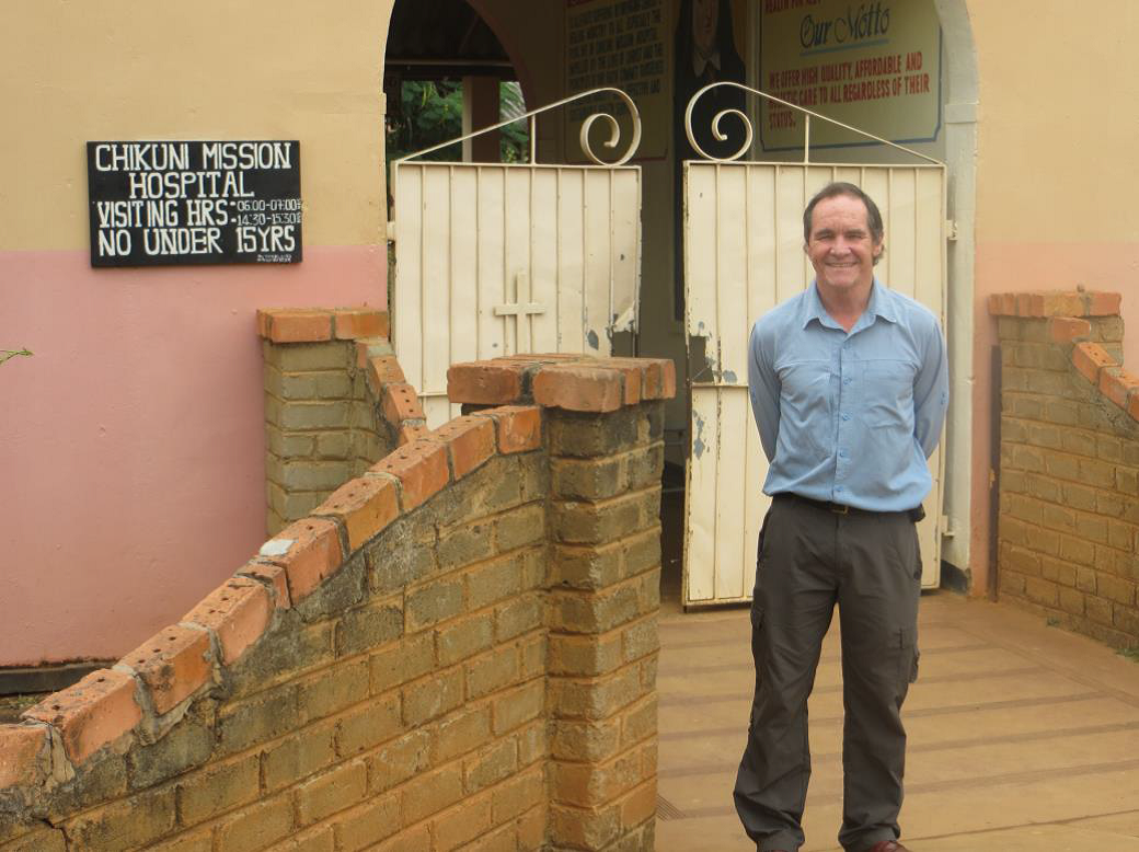 Stephen Yates outside Chikuni Mission Hospital, Zambia