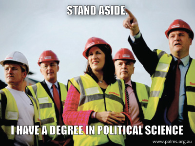 Five characters from Utopia dressed in high vis vests and hard hats. Words: Stand aside, I have a degree in political science.